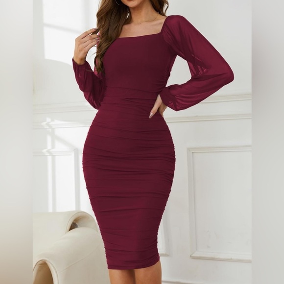 Ruched Bodycon Midi Dress, Square Neck Long Puff Sleeve Mesh - Picture 2 of 8